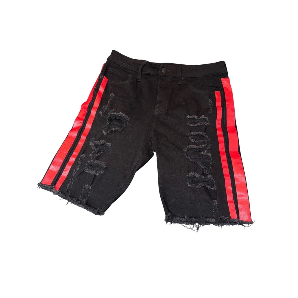 Mens Skater Rock Punk Black Distressed Denim Shorts Red Side Stripe Size 32